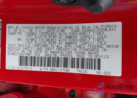 2007 Toyota Tacoma Prerunner V6 from USA, damaged, VIN 3TMKU72N37M011368